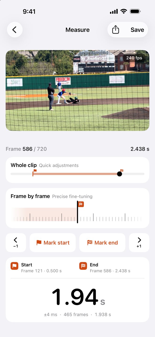 The Vidstop Measure screen: a baseball clip of a runner sliding into second base as the fielder makes the tag, with a start flag and an end flag on the timeline, and the time between them, 1.94 seconds, shown large below.