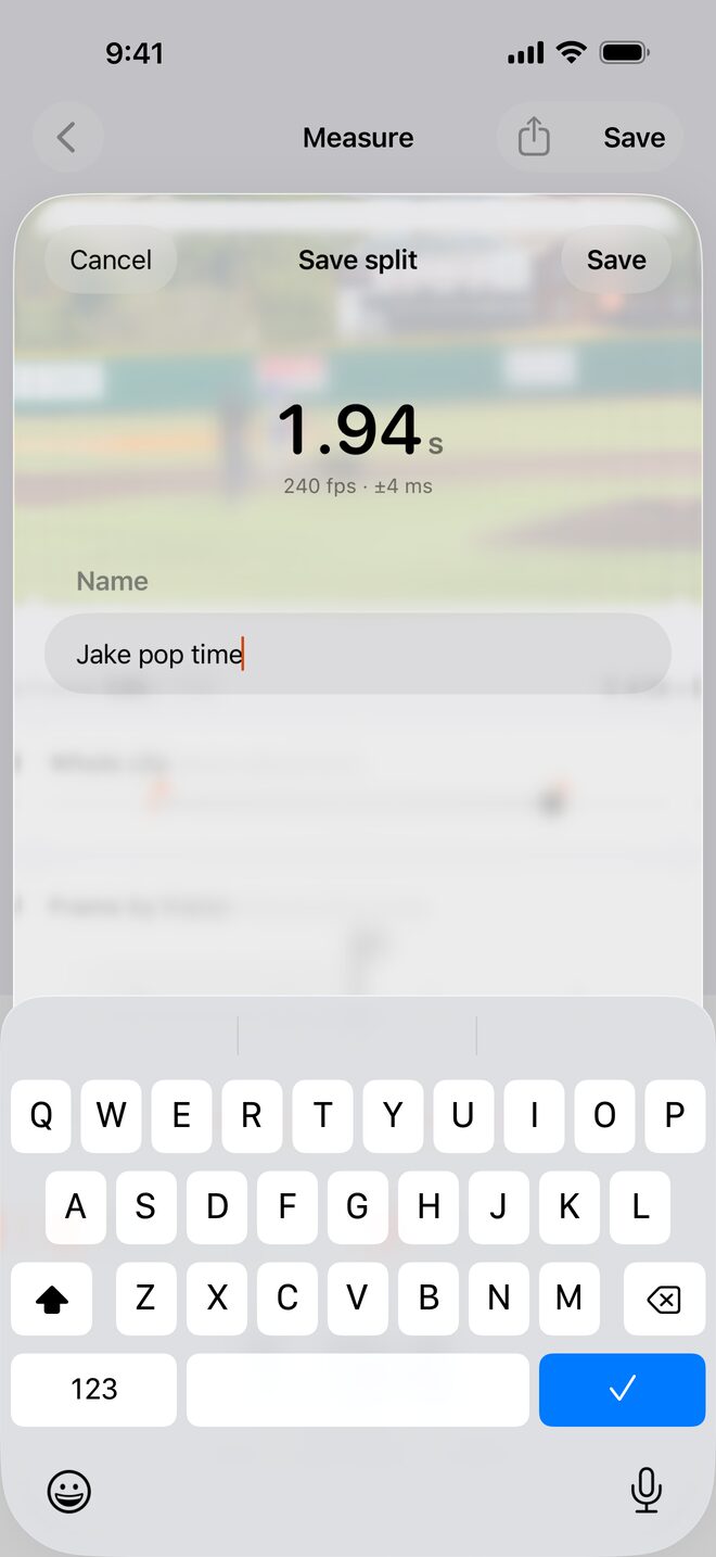 The save sheet over the Measure screen and its blurred clip of a play at second base, showing 1.94 seconds and the name Jake pop time typed in.